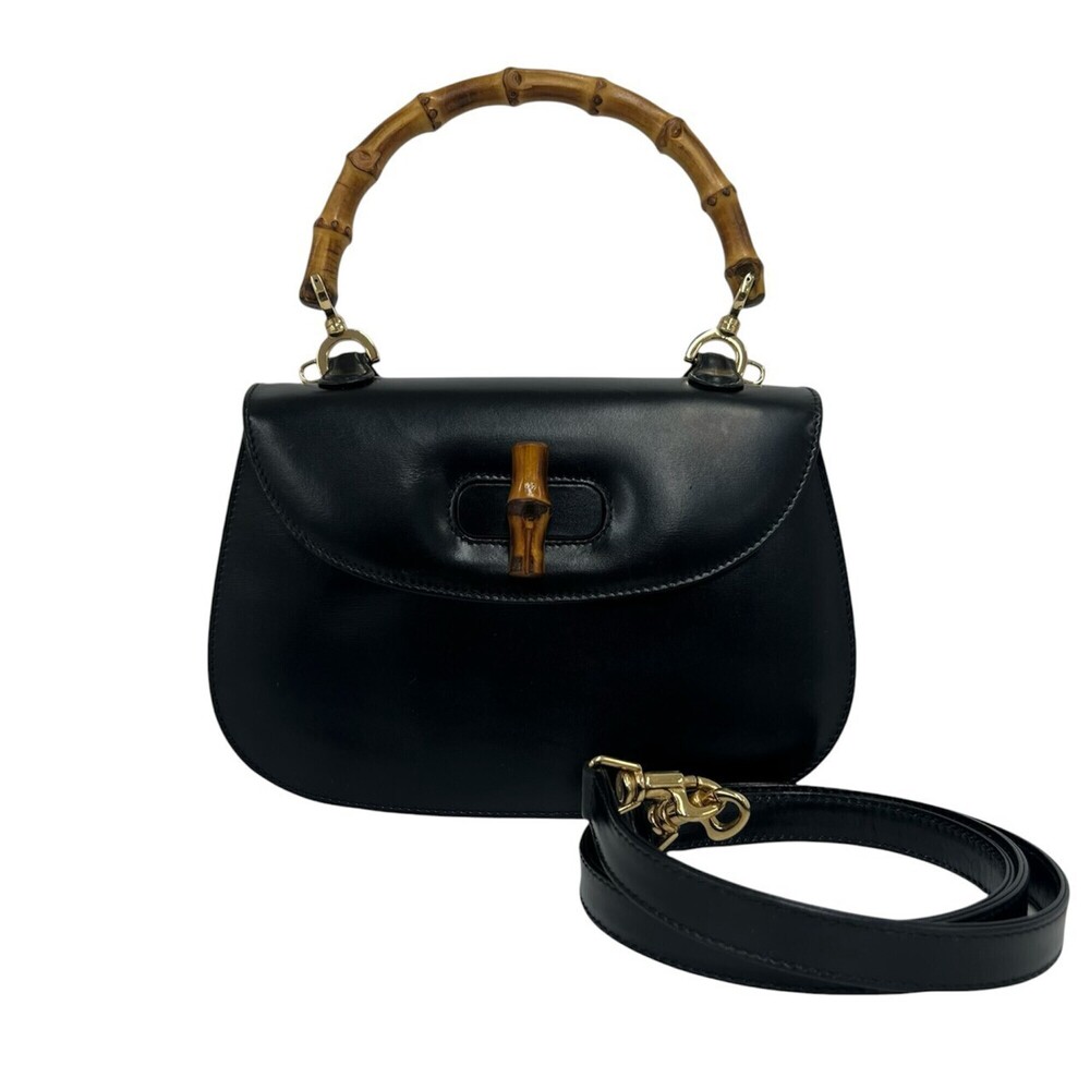 GUCCI Vintage Bamboo Leather 2-Way Shoulder Bag/Handbag, Black (nd9-7)